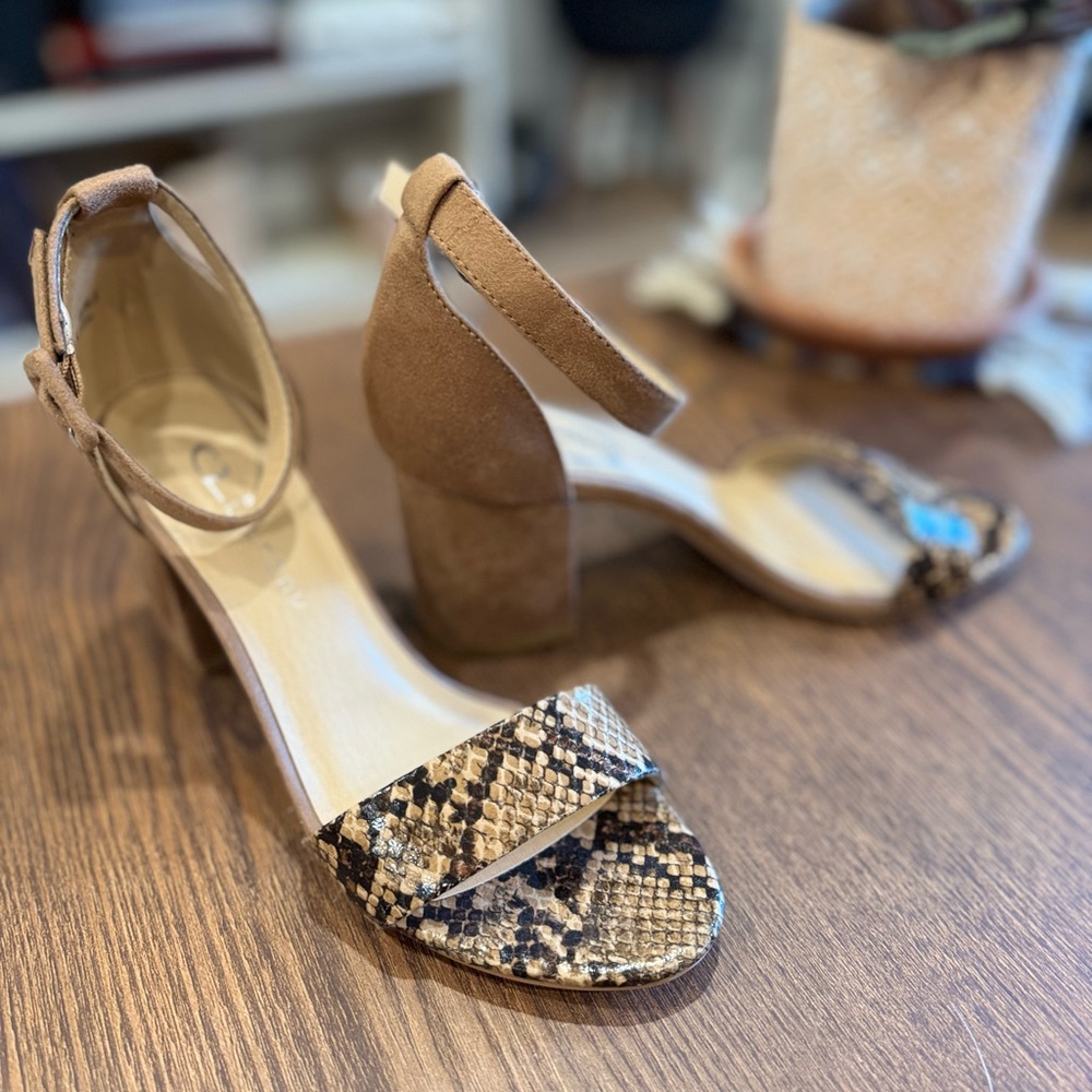 CL by Laundry Tan and Snake Print Block Heel Sandals